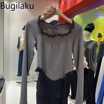 Bugilaku קוריאני אופנה אופנתי Slim Fit Tshirts נשים תחרה טלאים שרוול ארוך בתוך קרקעיות חולצות נקבה היסודות לכל היותר
